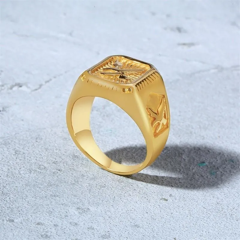 Herr Hawk Signet Ring med dubbel örn gyllene färg medeltida rostfritt stål make gåva13201
