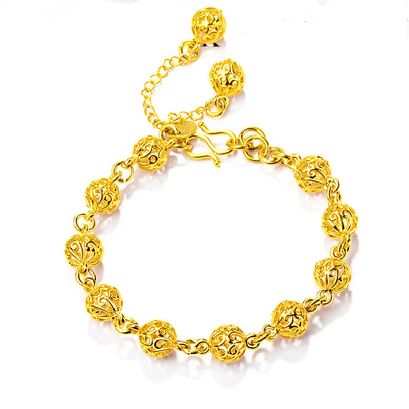 Роскошный браслет из желтого золота 24 карата для женщин, модные подвески из полых бусин, браслет с золотым наполнением, ручная цепочка, свадебные ювелирные украшения Gift2284156