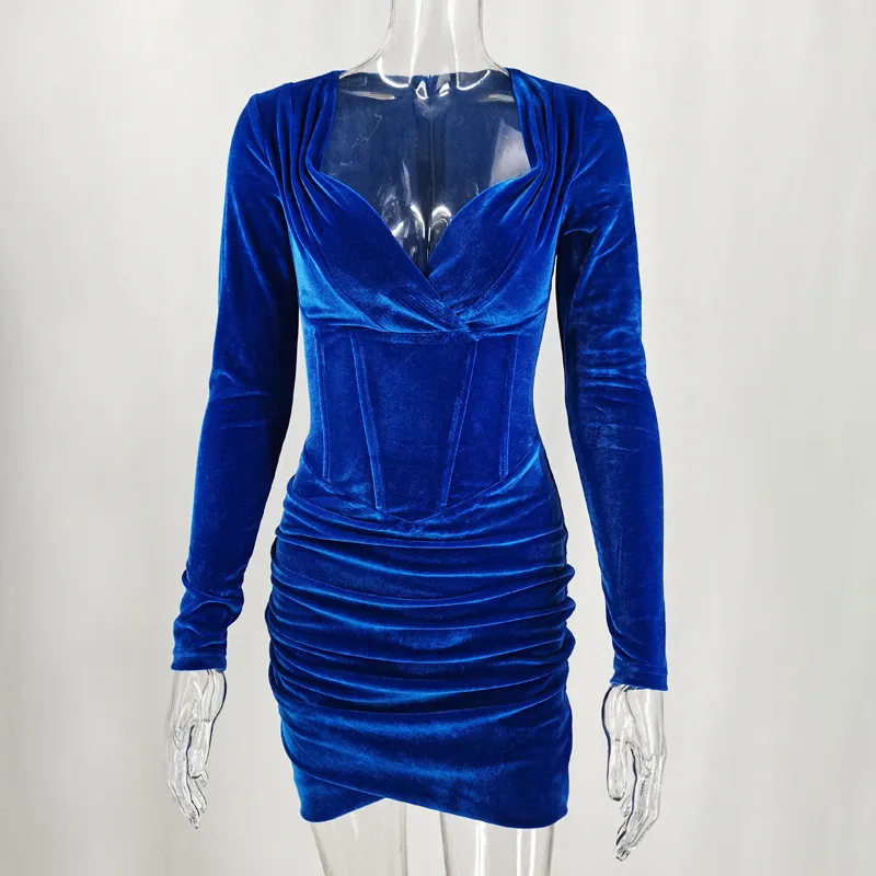 Sruby velvet hiver mini robe sexy plissée manches longues col veau élégant robe élégante skinon nuit robes skinny robes vestidos blue y0118