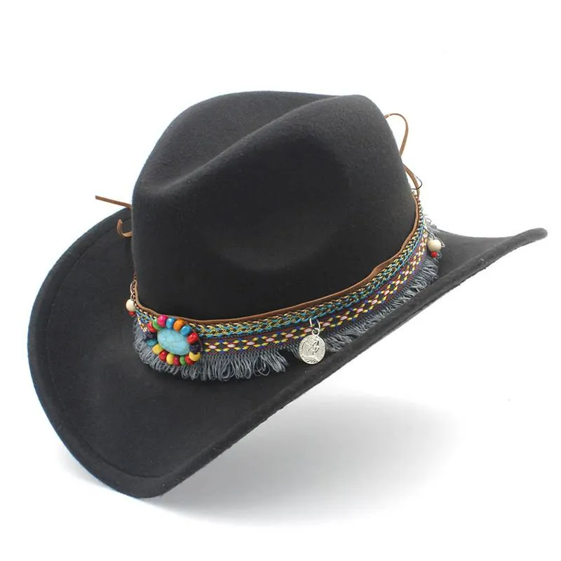 Chapeau de Cowboy occidental creux en laine pour enfants, avec ceinture à pampilles, chapeau de Jazz pour filles, casquette Sombrero, taille 52-54CM, pour 4-8 ans, 210o