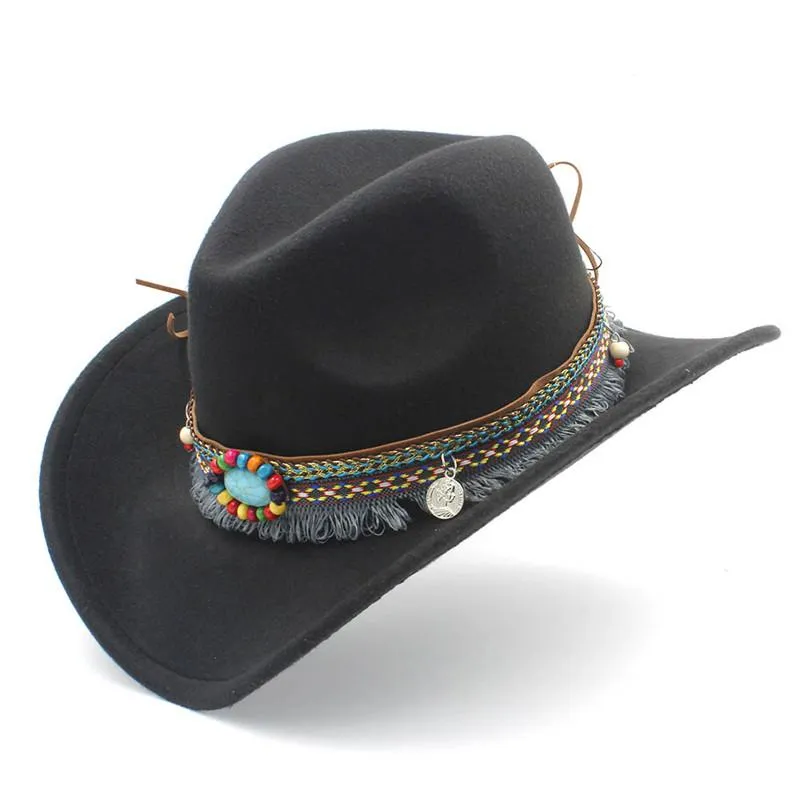 Child Wool Hollow Western Cowboy Hat With Tassel Belt Kids Girl Jazz Hat Cowgirl Sombrero Cap Size 52-54CM For 4-8 Years210o