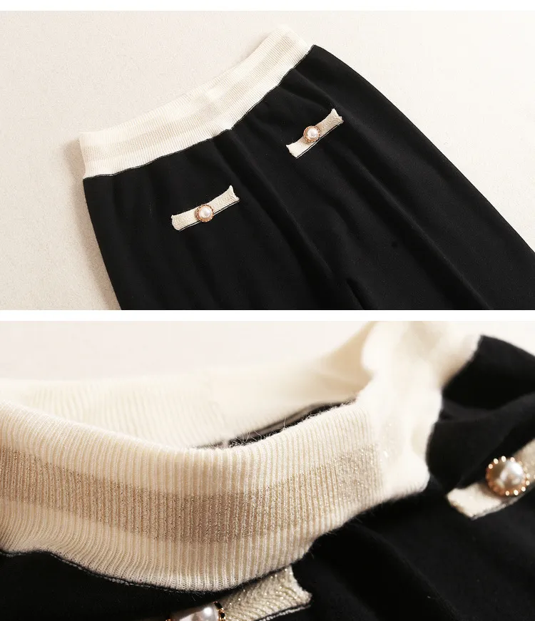 2023 outono calças de duas peças manga comprida decote em v preto contraste cor cardigans de peito único suéter + calças compridas com painéis conjunto de duas peças 1od28f288