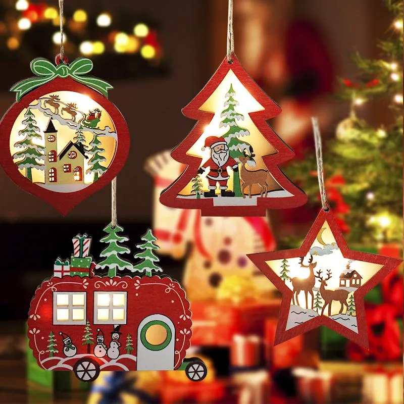 1 pièces lumières LED voiture en bois arbre de noël étoile en bois brillant pendentif arbre de noël suspendu ornement maison fête de noël Decor3173