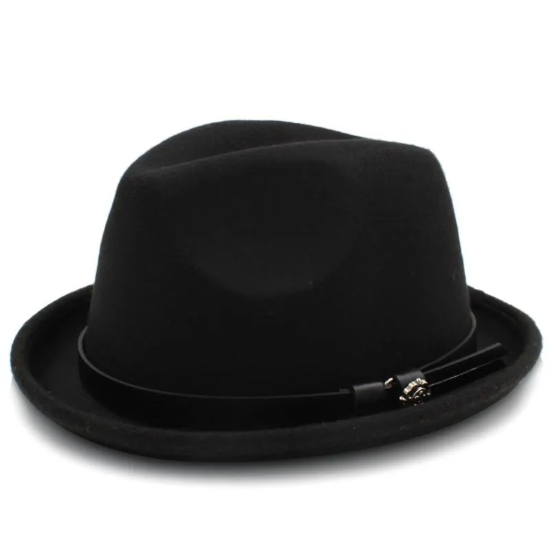 Cappello Fedora in feltro da uomo di moda con tesa avara gentiluomo Autunno inverno Roll Up Homburg Dad Jazz con cintura276P