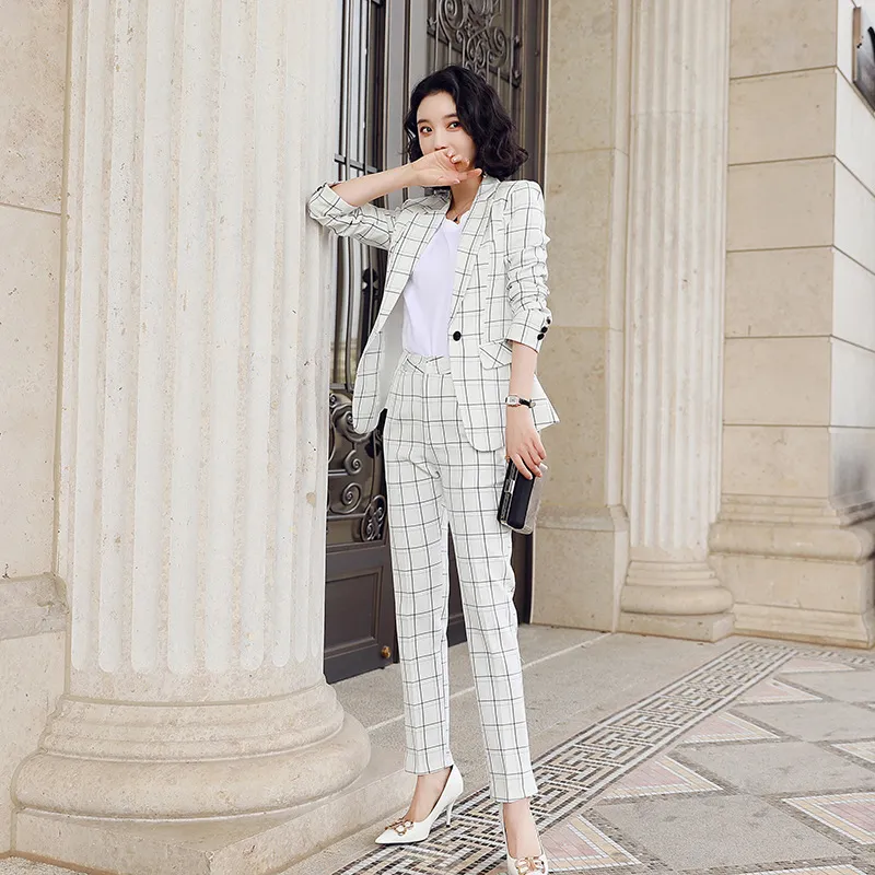 Fashion Professional Women's Suit kantoorbroek Tweeën meter 2020 Nieuwe Spring Summer Plaid Dames Blazer Jacket Slimfit broek T200818