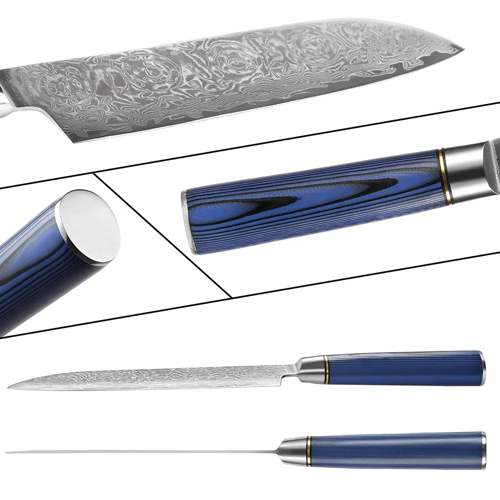 Xituo VG10 Damascus Steel Cithorknife Set 1-Luxury Blue G10ハンドルシャープダマスカスシェフナイフクリーバーSantoku Knife