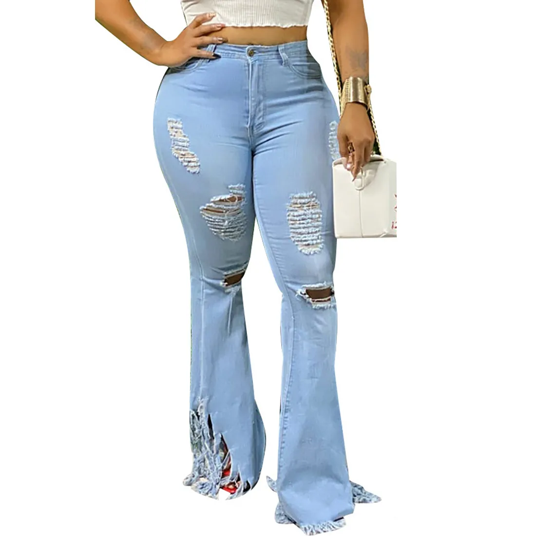 Muyogrt Women Flare Jeans High Waist Fringe Denim Skinny Pants Woman Stretch Jeans Female Wide Leg Jeans Bell Bottoms Clothes 201012