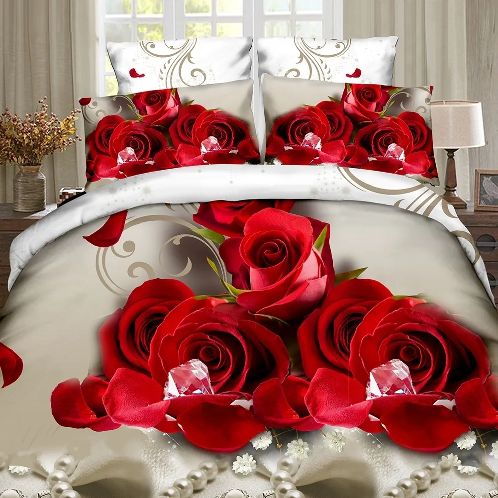Conjuntos de ropa de cama cómodos de lujo 3D Rose Juez de ropa de cama de la cama Cubierta de la cubierta de la cubierta de la almohada del almohada de la almohada de la reina Ropa de Cama LJ6226770