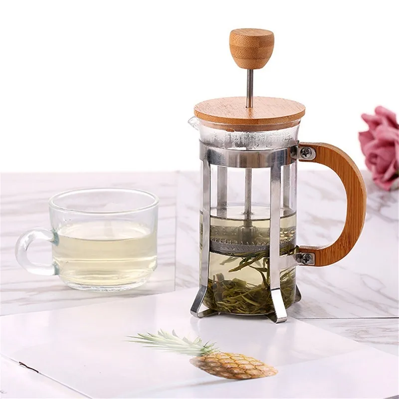 French Press Eco-Friendly Bamboo Cover Coffee Plunger Tea Maker Percolator Filter Press Coffee Kettle Pot Glass Teapot C1030241u