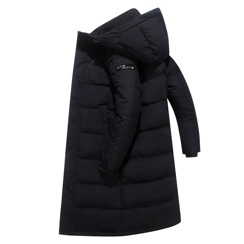 Zima 90% biała kaczka w dół Mężczyźni z kapturem moda Wysokiej jakości długa zagęszcza ciepła ogrzana płaszcz luźne czarne parki płaszcze 201116