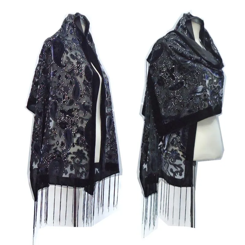 Sjaals Collectie Burnout Fluwelen Winter Sjaal Hijab Glitter Bloemen Sjaals Voor Bruiloft Zwart Hoofd Poncho Women244y