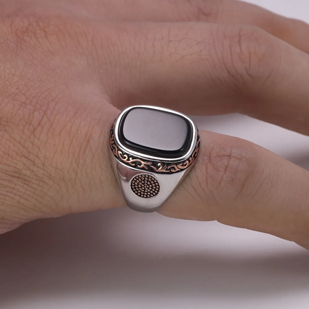 Настоящие чистые мужские кольца Серебряные S925 Ретро винтажные турецкие кольца для мужчин с натуральными черными украшениями из оникса в индейках 10092773