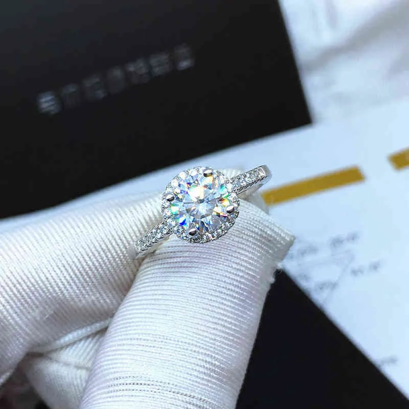 Женские обручальные кольца из 100% GRA, настоящее стерлинговое серебро, 2 карата, круглый бриллиантовый ореол, свадебные ювелирные украшения 220207