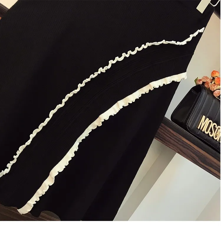 Fall Winter Women Knitted Suit Pullover Sweater Top And High Waist Knee Skirt Knit Two Piece Set White Ruff Black Cloth 220302