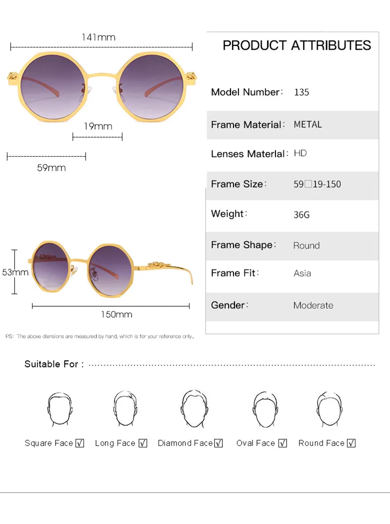 Designer-Sonnenbrille Limted Mode Männer Frauen Dreidimensionaler Vollrahmen runder Metall-Leopardenkopf Optischer Rahmen Polygonal Persona310c