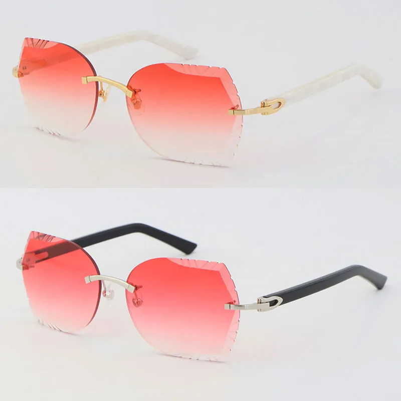 Hela metallkantlösa stora solglasögon Vita svarta marmoreringsarmar Plankglasögon 8200762 Högkvalitativ solglasögon Fashion Cat Eye 174b
