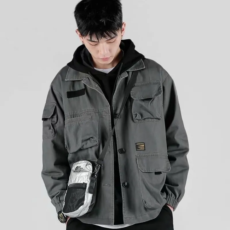 봄과 가을 포켓 그물 레드 아메리칸 인스 슈퍼 소방 도구 재킷 남자의 인기있는 브랜드 느슨한 일본 스타일 레트로 재킷 lj201013