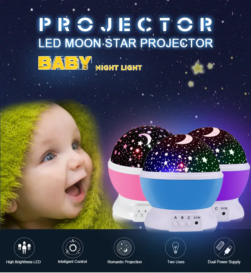 LED Rotating Star Projector Novelty Lighting Moon Sky Rotation Kids Baby Nursery Night Light Battery Operated Emergency usb Lamp206N