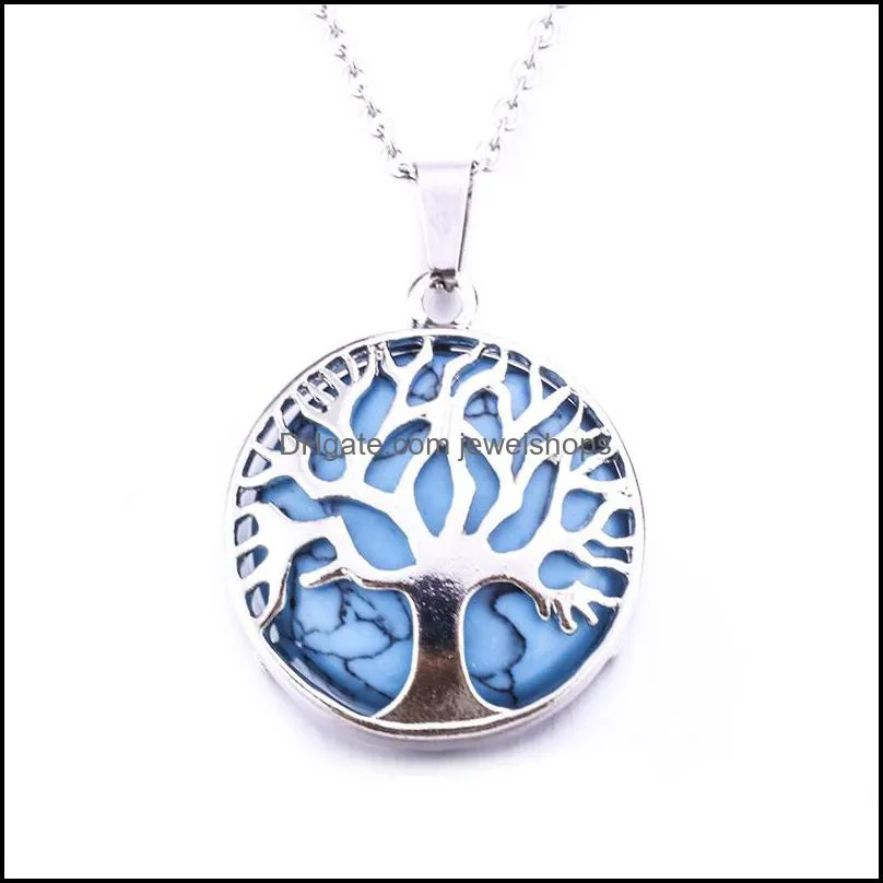Natural Round Gem Stone Tree of Life Necklaces Pendants Pink Quartz White Crystal Lapis Lazuli Tiger Eye Opal Neklace