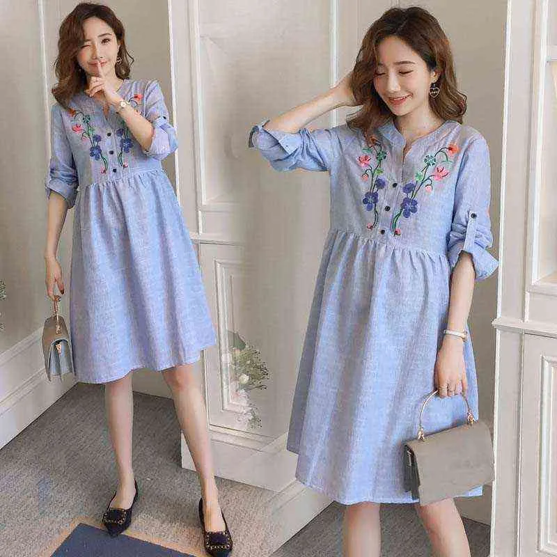 Summer Maternity Dresses for Pregnant Clothes for Women Fashion Flower embroidery V Neck Losse Casual Plus Size Pregnancy Dress G220309