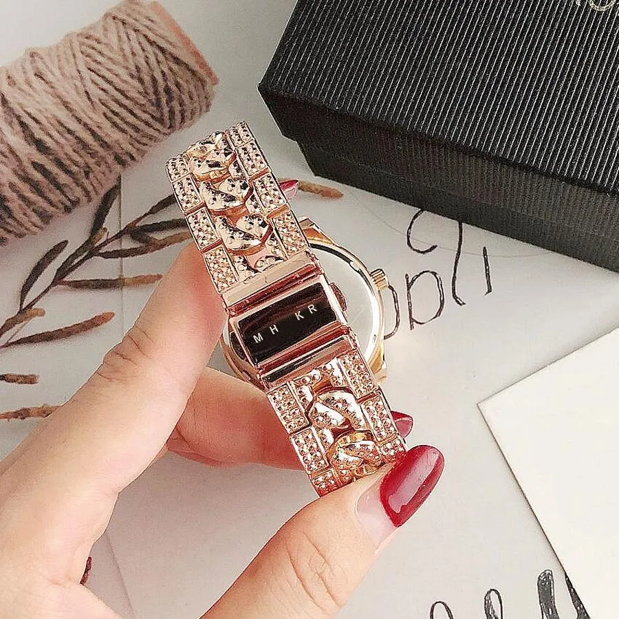 Брендовые часы для женщин, для девочек, с бриллиантами и кристаллами, большими буквами, стиль, металлический стальной ремешок, кварцевые наручные часы, довольно прочный подарок, благодать high2836