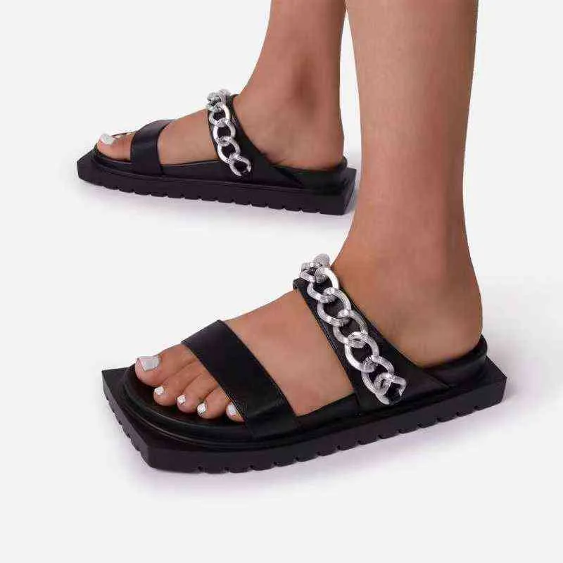 Mulheres Cadeia Sandálias Verão Flats Chinelos 2022 Nova Plataforma de Roma Flip Flops Clássico Vestido Slingback Sapatos Raso Feminino Slides Y220224