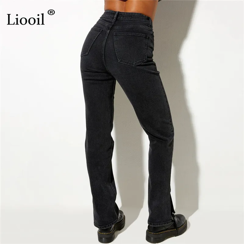 Liooil Boyfriend Slit Jean a vita alta Streetwear Gamba dritta Pantaloni skinny neri Pantaloni casual in denim primaverile 220310