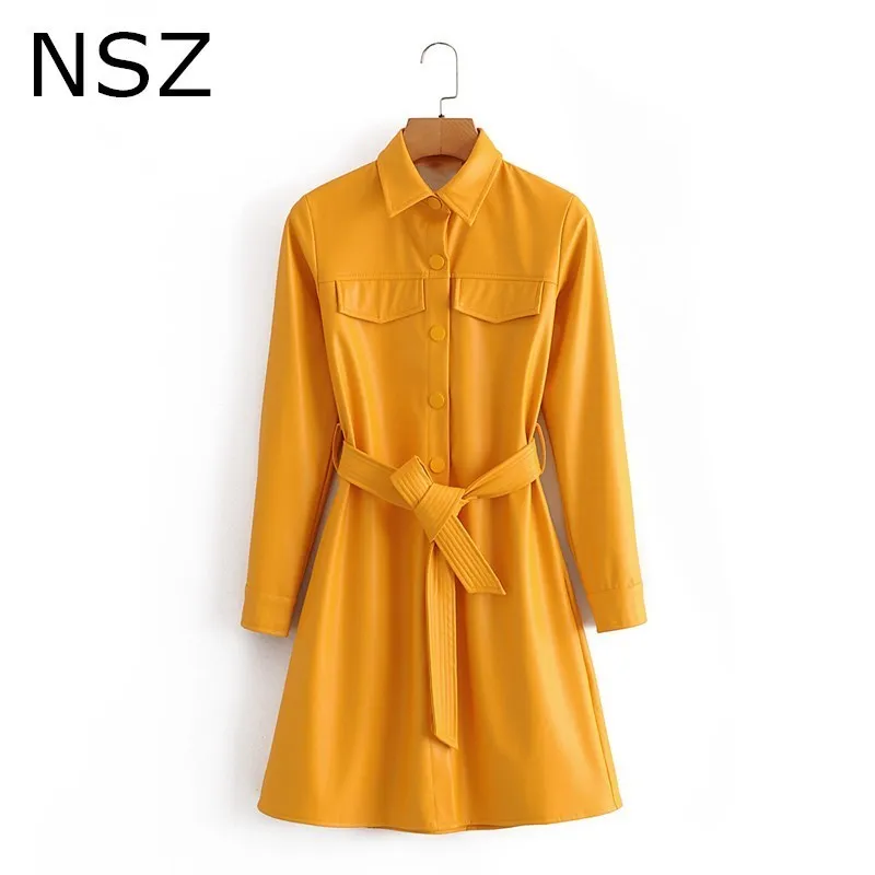 NSZ Women Brown Faux Pure Pu Leather Long Jacket With Belt Fall Fashion Artificial Fur Coat Elegant Female Outwear Tops 20103030