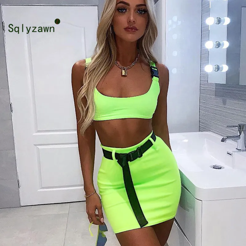 Women Summer Neon Green Two Piece Set Sexy Crop Top and Skirt Matching Sets Ladies Club Outfits Festival Clothing 220302