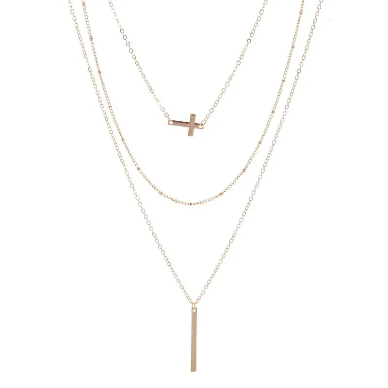 Pendelleule Halsketten lange geschichtete Halskette Set von 3 seitlichem Kreuz minimaler KPOP241J