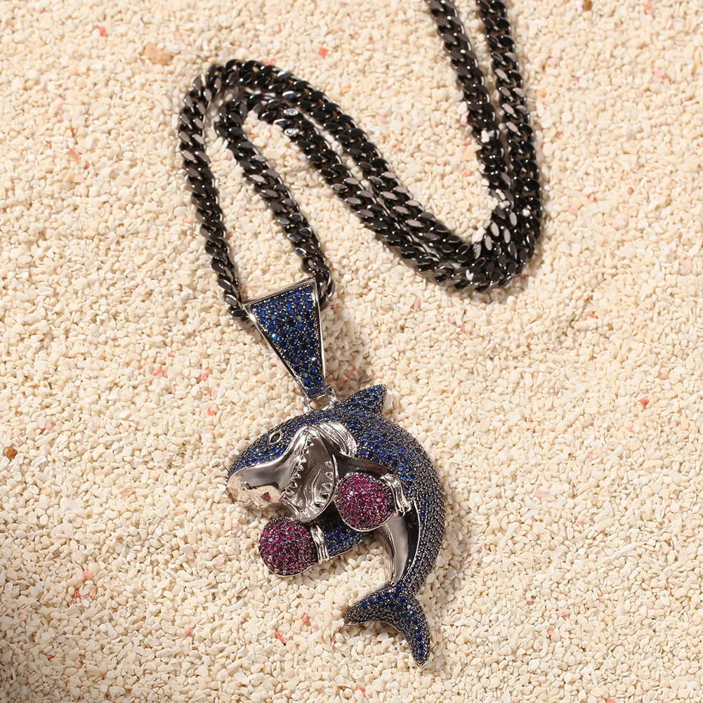 Nouveau Design pendentif requin de boxe plein de Zircon personnalité rappeur collier Hip Hop hommes bijoux cadeau perles charmes colliers295j