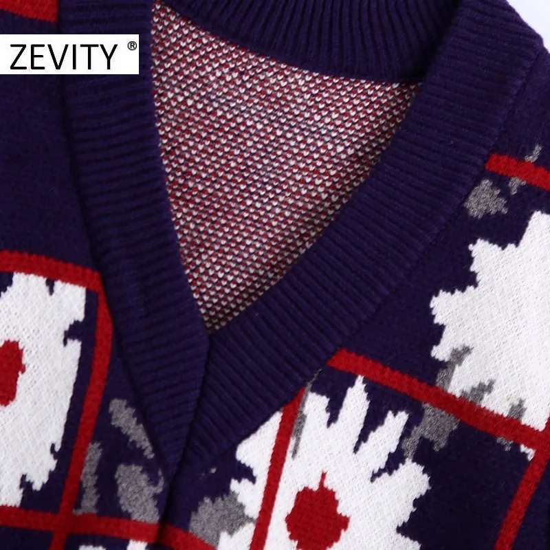 Zevity 여성 빈티지 V 넥 플로랄 프린트 체크 무늬 캐주얼 뜨개질 조끼 스웨터 레이디 세련된 양복 조끼 풀오버 레트로 점퍼 탑 S468 201221
