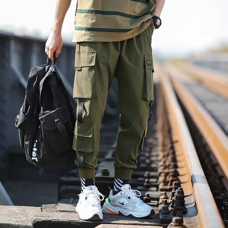 Ribbons Cargo Pants Men Casual Streetwear Harajuku Pants Hip Hop Trendy Casual Youth Slim Pants Stylish Men's Jogger Trousers 201128