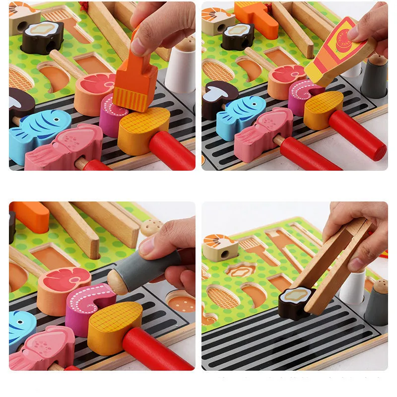 Drop Simulation BBQ Schneiden Set Holzspielzeug für Kinder Supermarkt Registrierkasse Obst/Dessert Küche Spielzeug Pädagogische LJ201211