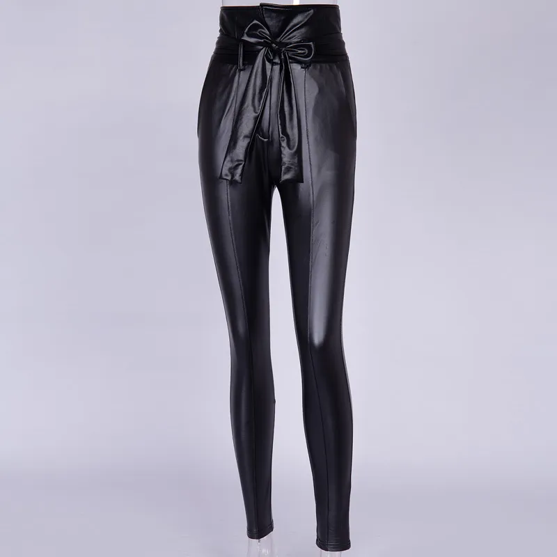 Insahot Gold Black Ceinture Haute Taille Crayon Pantalon Femmes Faux Cuir PU Sashes Pantalons longs Pantalon long Casual Sexy Exclusive Design Fashion 201111