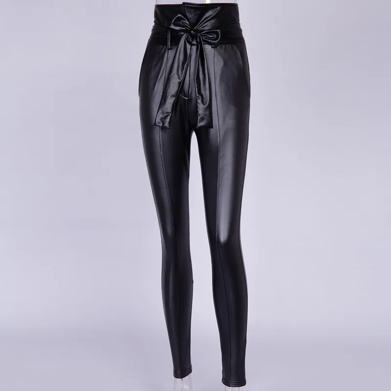 Insta Gold Black Belt High Waist Pencil Pant Women Faux Leather Pu Sashes Broursers Long Sexual Sexy Sexy Design Fashion 20284Q