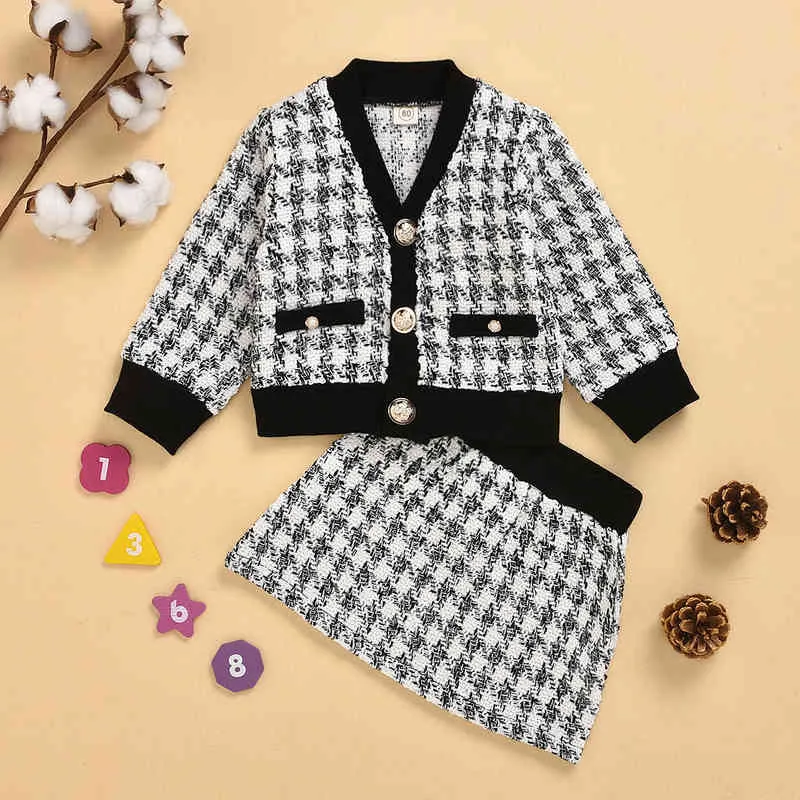 Baby Girls Winter Clothes Suit Plaid Long-sleeve Sweater T-shirt+Tutu Skirt Two-piece Knitted Suit Autumn Girls Sweater Set G220217
