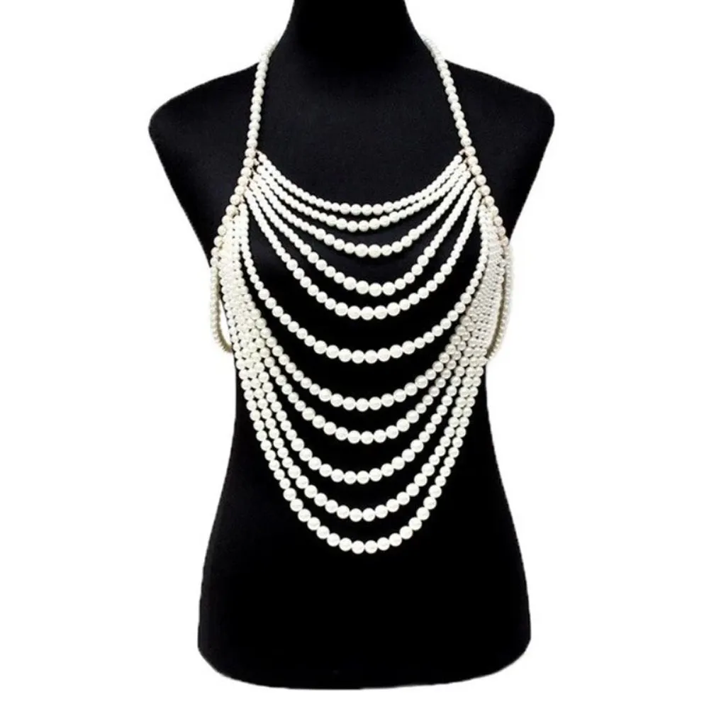 Unik flerskiktsimitation Pearl Bralette Top Body Chain för kvinnor Sexig brösthalsbandskedja smycken underkläder Party Accessories T200508