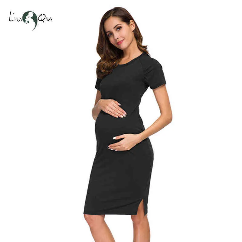 Kadınlar Annelik Elbiseler Rahat Gebelik Giysileri Pamuk Dantelli Taraflar Casual Kısa Kollu Giyen Bebek Duş Hamile Giysi G220309
