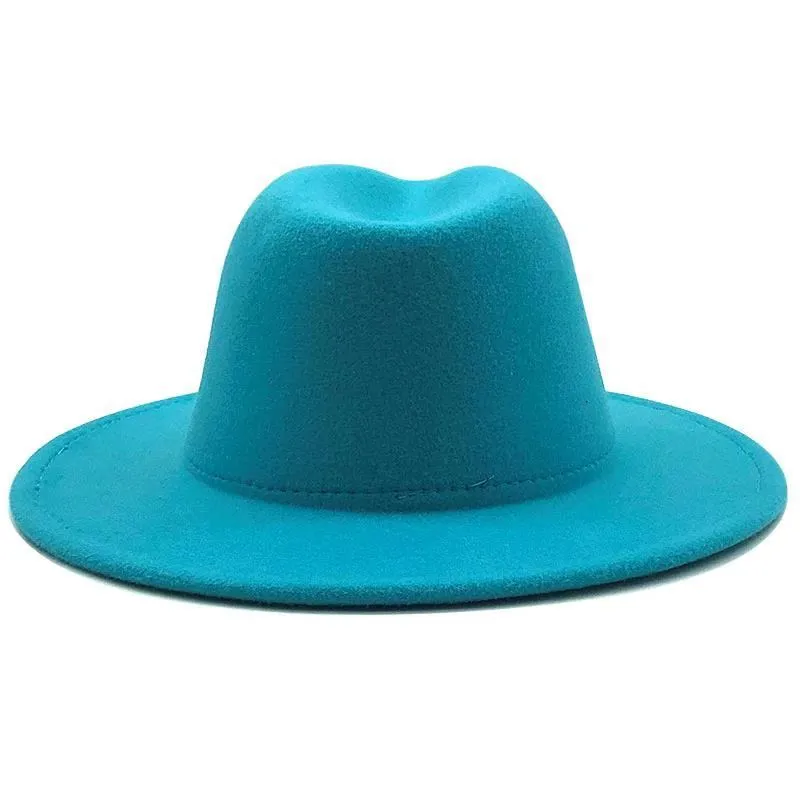 2021 Nouveau patchwork Wool Felt Jazz Fedora Chapeaux avec une boucle de ceinture mince Men des femmes Wide Brim Church Hat Panama Trilby Caps C01235465627