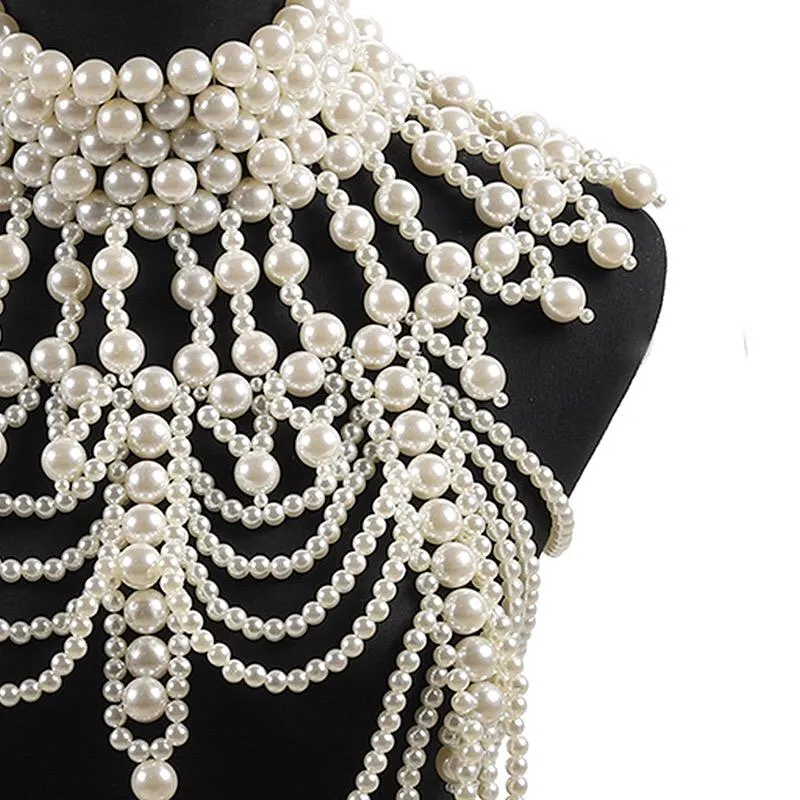 Retro Advanced Pearls Crystal Body Jewelry Chain SexyHandmade pärlstav kvinnor brud bröllopsklänning stor halsband smycken accessor274b