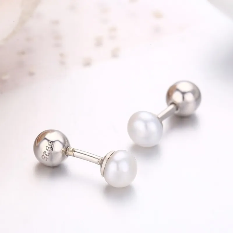 Cute 925 Sterling Silver Breadtype White Pearl Screw Back Stud Earrings For Women Girls Kids Piercing Jewelry Orecchini Aros 20111331990
