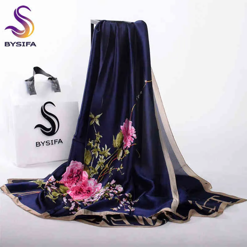 BYSIFA bleu marine Roses chinoises femmes foulards automne hiver Utrlong haut de gamme marque à la mode lettres de soie longue écharpe châle Wrap 22010293J