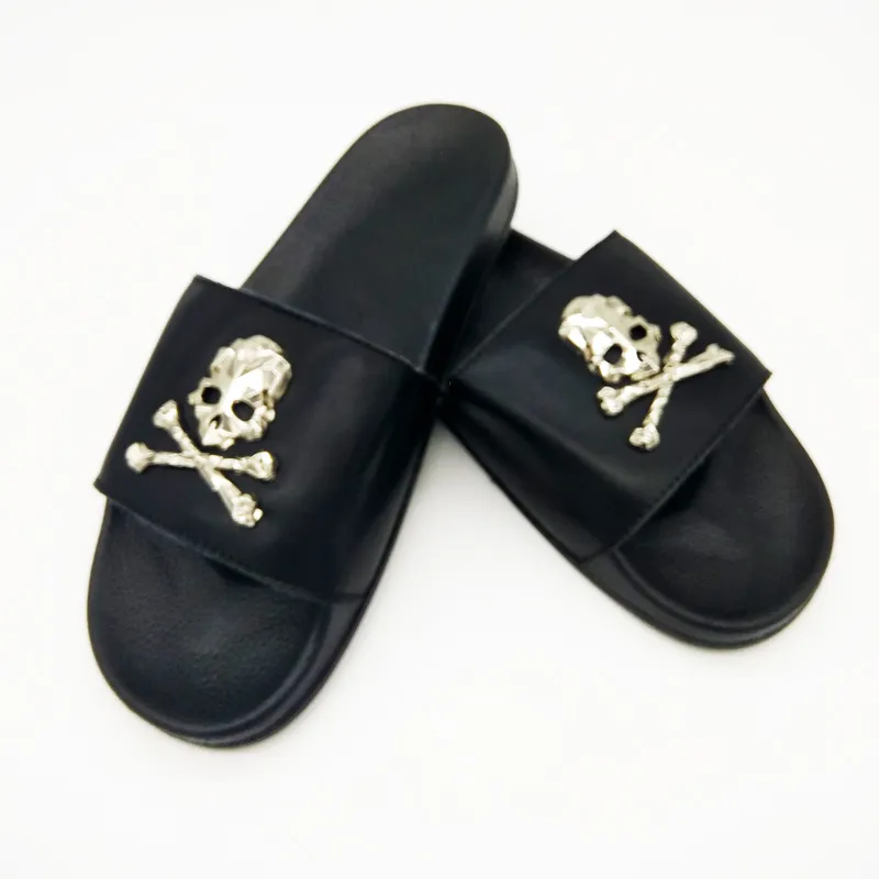 Women's Summer Couple Cow leather Sandals Black Skull Designer Slippers Women Slides Indoor Home Shoes Flip-flops Big Size 45 X1020