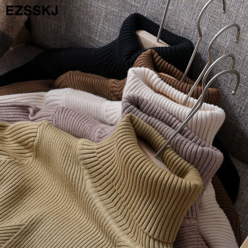 tjocka stickade kvinnor hög halströja tröjor Turtleneck Autumn Winter Basic Women Sweaters Slim Khaki Jacket Pullovers 201224