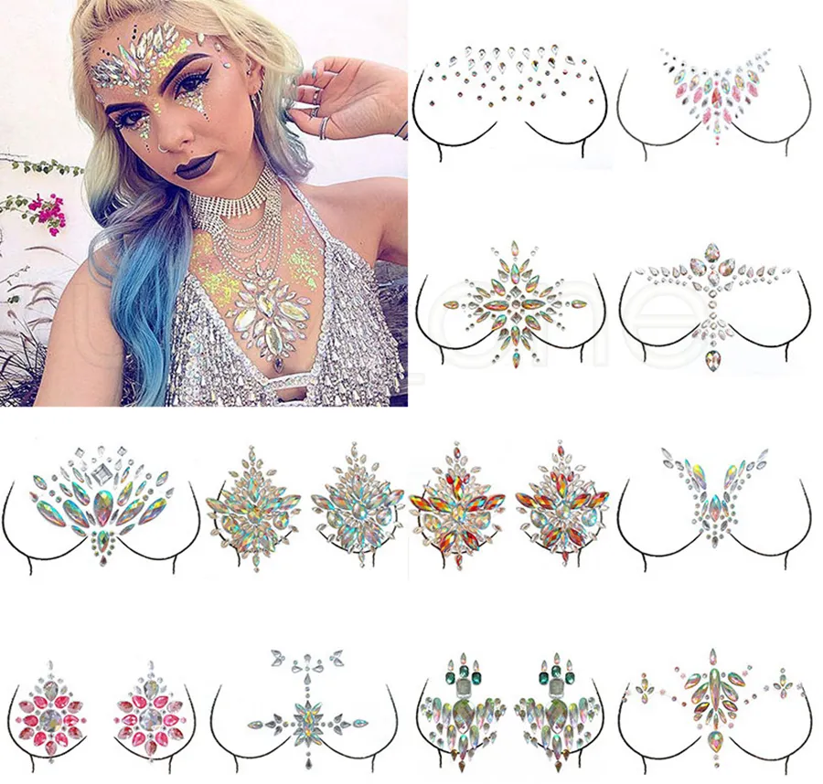 Diamond Adhesive Sticky Gems Sticker Makeup Face Boob Jewel Crystal Festival Gems Party Makeup Stickers For Body Art Tools 14 Styles