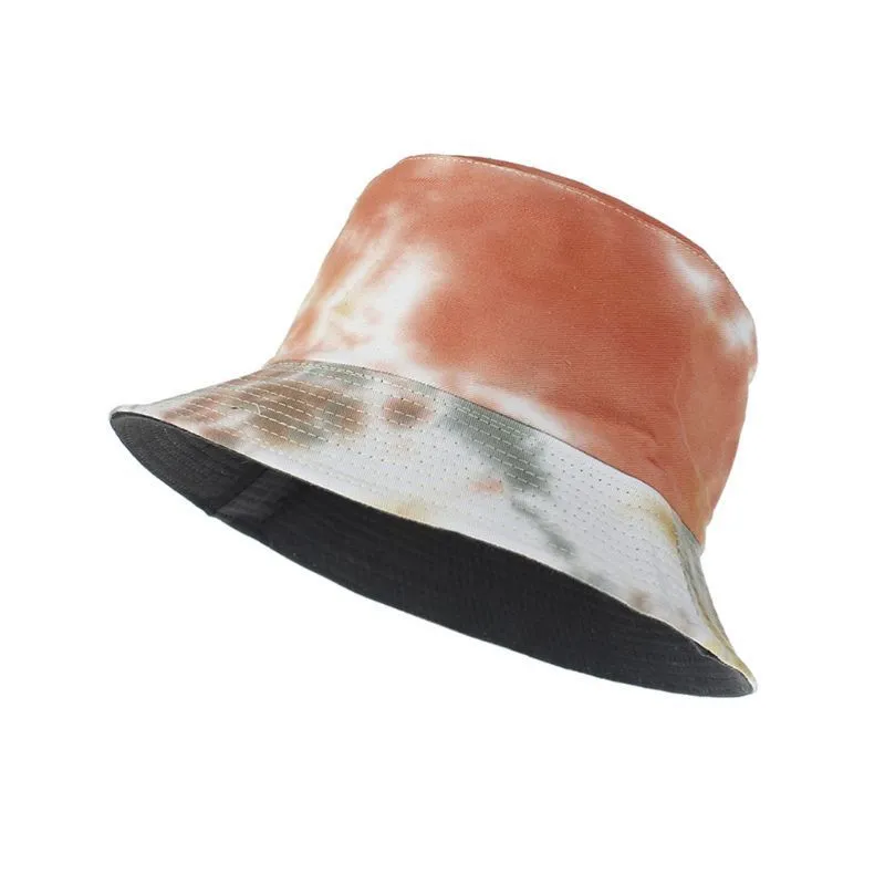 Kvinnor Män Graffiti Tie-Dye Tryck Bucket Hat Double Side Reversible Gradient Färgglada Hip Hop Wide Brim Packable Fisherman Cap Y200730