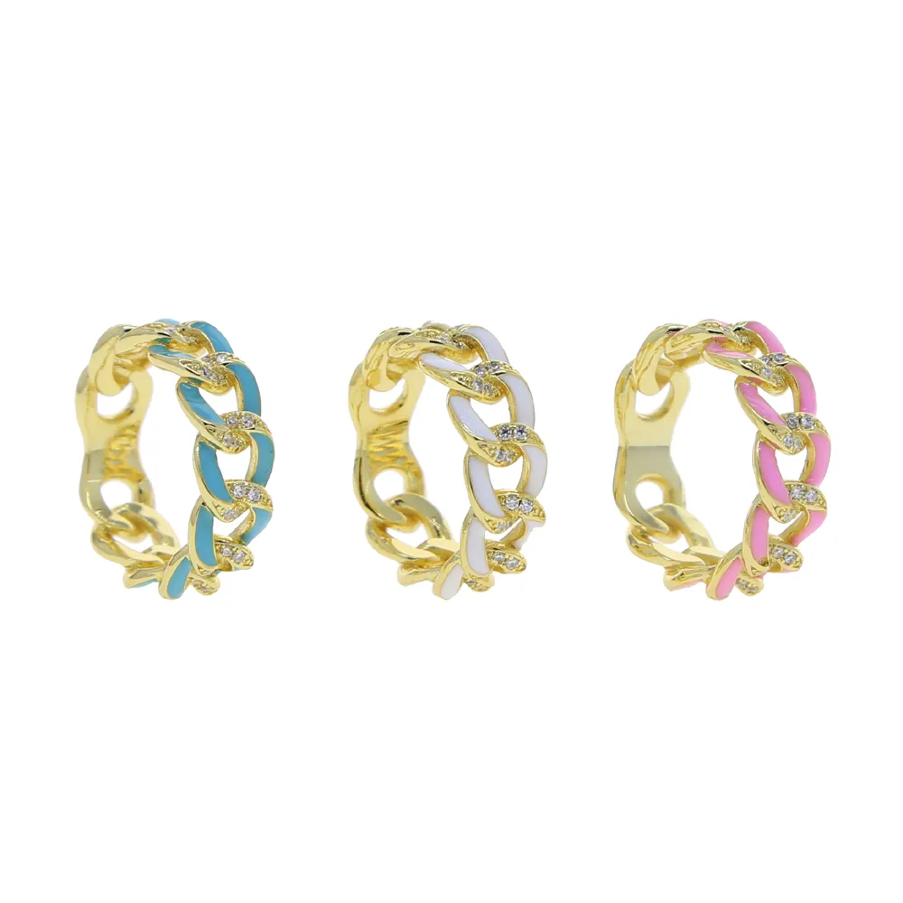Gold Color Fashion 2021 Women Finger Jewelry Micro Pave White CZ Pink Blue White Enamel Cuban Link Chain Band Ring