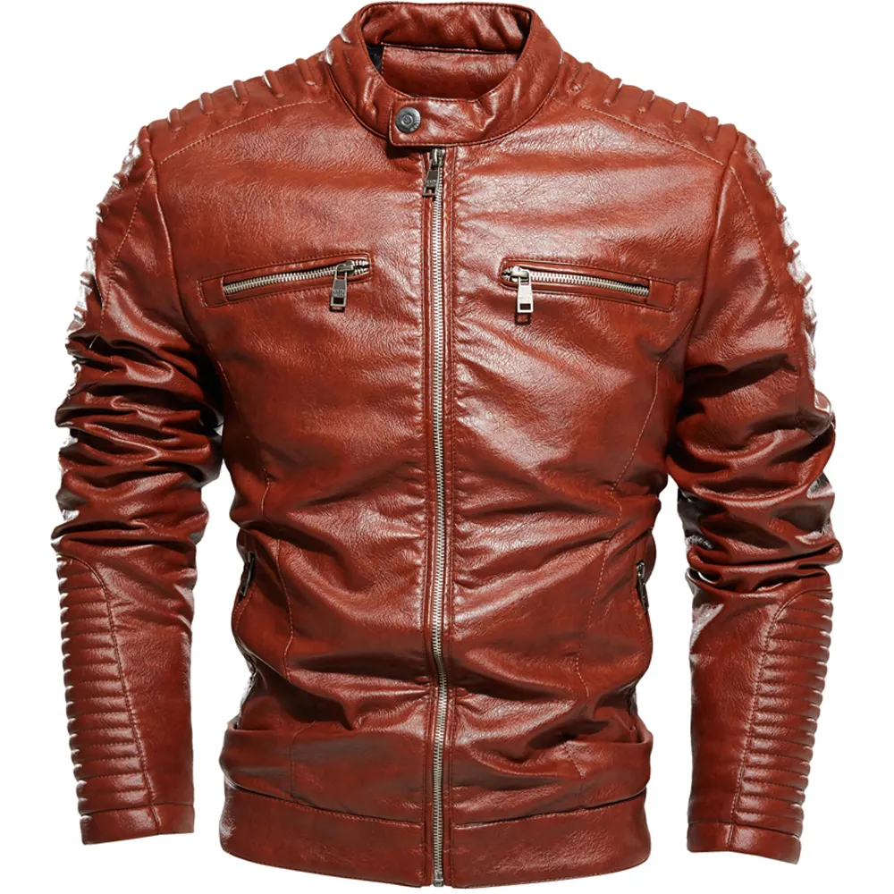 Jaquetas homens stand colar gole plissout design marrom jaqueta de motocicleta masculina jaqueta de motociclista e casacos zíper slim fit coat outono winter pu 201128