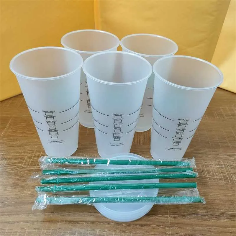 Tazze di Starbucks 24 once / 710ml tumbler di plastica riutilizzabile trasparente bere fondo piatto tazza tazza di forma pilastro coperchio tazze di paglia Bardian gratis